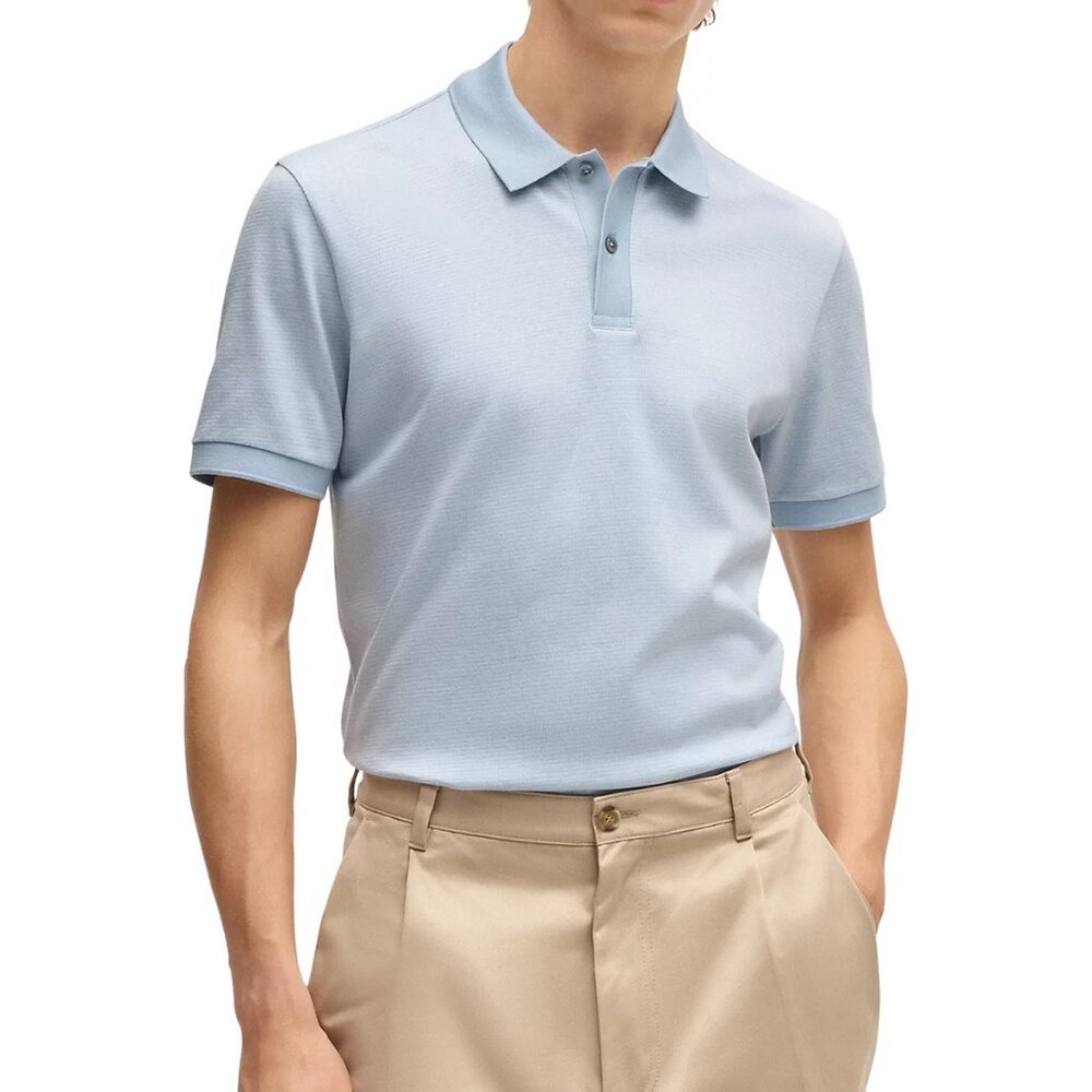 Hugo Boss Men's BOSS Parlay SS Polo Shirt Mercerized Jacquard Cotton Light Blue